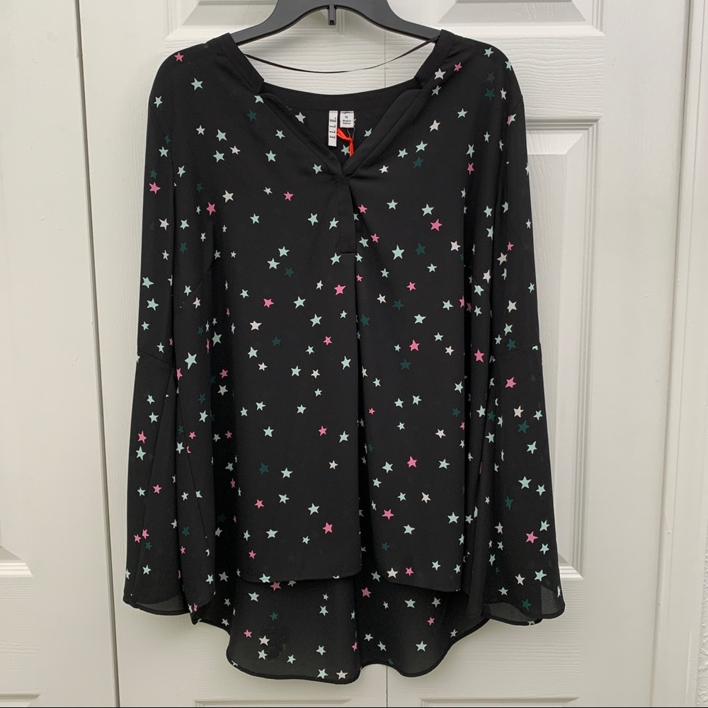 Elle Women’s Chiffon Star Patterned Tunic Shirt with Bell Sleeves Size XL NWT
